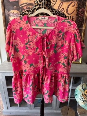 Haptics Pink Floral Tie-Front Peplum Top Sz 1XL